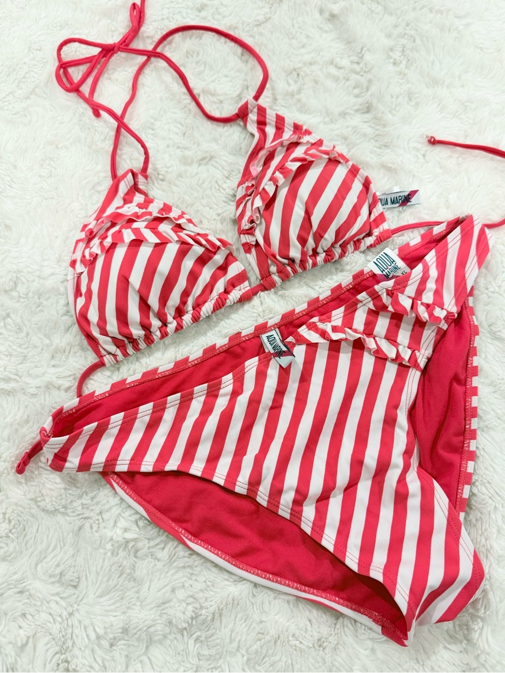 Aqua Red & White Striped Ruffle Bikini Set
